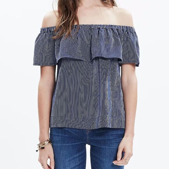 Madewell 100% Silk Balcony Off-the-Shoulder Top Navy Stripe XS - Picture 1 of 8
